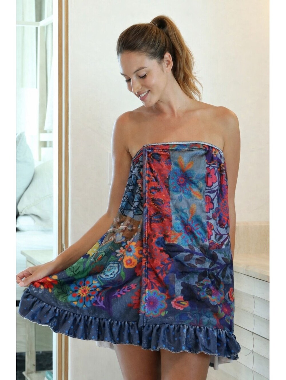 Natural Life Patchwork Print Towel Wrap Skirt S/M Cottagecore Ruffle Hem NWT